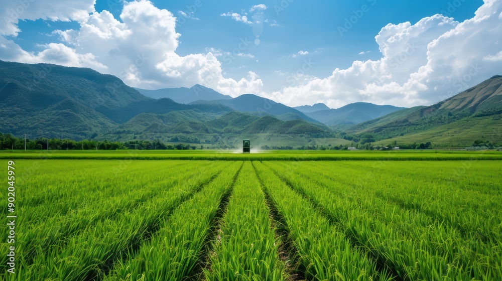Aufkleber a field of green grass with a green tractor in the middle. the sky is blue and there are clouds