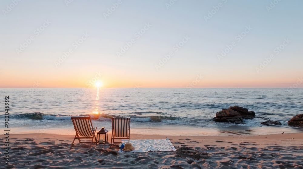 Aufkleber A beach scene with two beach chairs and a blanket. The sun is setting in the background. Scene is peaceful and relaxing