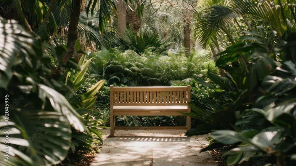 Poster a wooden bench is sitting in a lush green jungle. the bench is surrounded by tall trees and plants, 