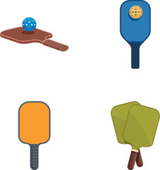 Collection of illustrations featuring different types of pickleball and table tennis rackets and balls
