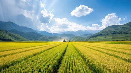 Naklejka premium A field of yellow rice with a small house in the distance. The sky is clear and bright, and the sun is shining down on the field