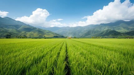 Fototapeta premium A field of green rice with a clear blue sky in the background. The sky is dotted with clouds, giving the scene a peaceful and serene atmosphere