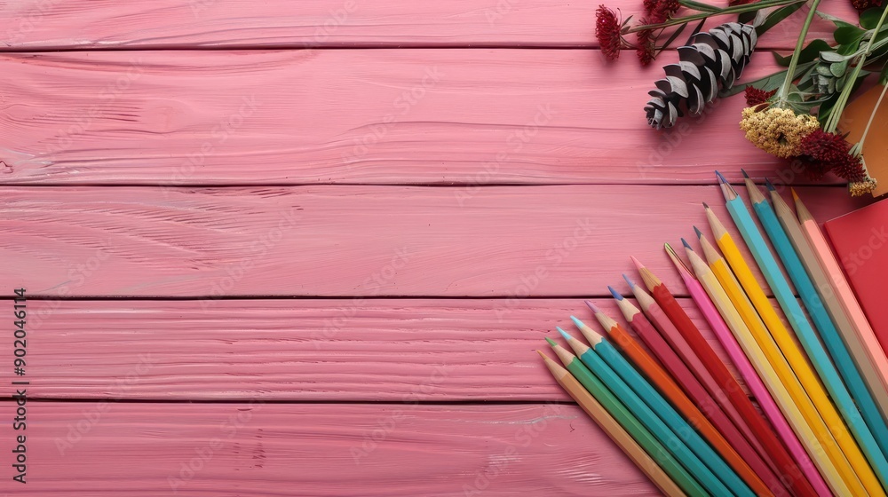 Aufkleber A pink background with a bunch of colorful pencils and a pine cone. The pencils are arranged in a row and the pine cone is placed in the middle of the scene. Concept of creativity and inspiration