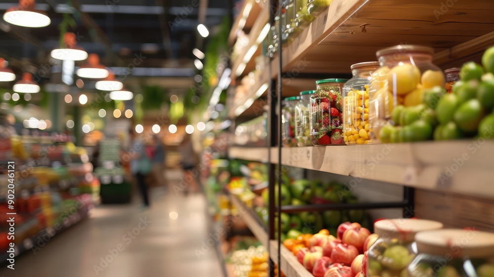 Poster a grocery store with aisles full of produce and jars. scene is bright and cheerful, with the abundan