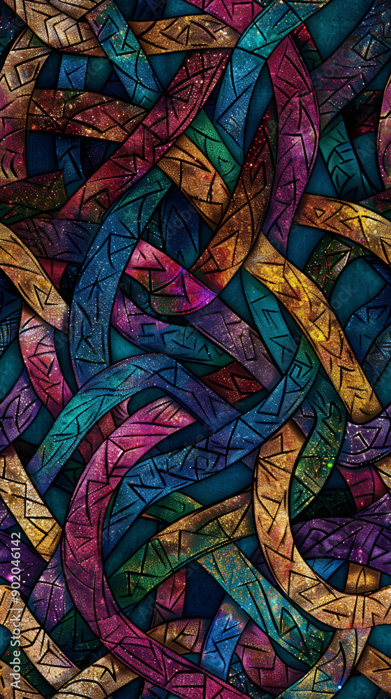 Fototapete Dynamic and colorful seamless pattern featuring intertwined shapes, perfect for backgrounds, textiles, and decorative designs