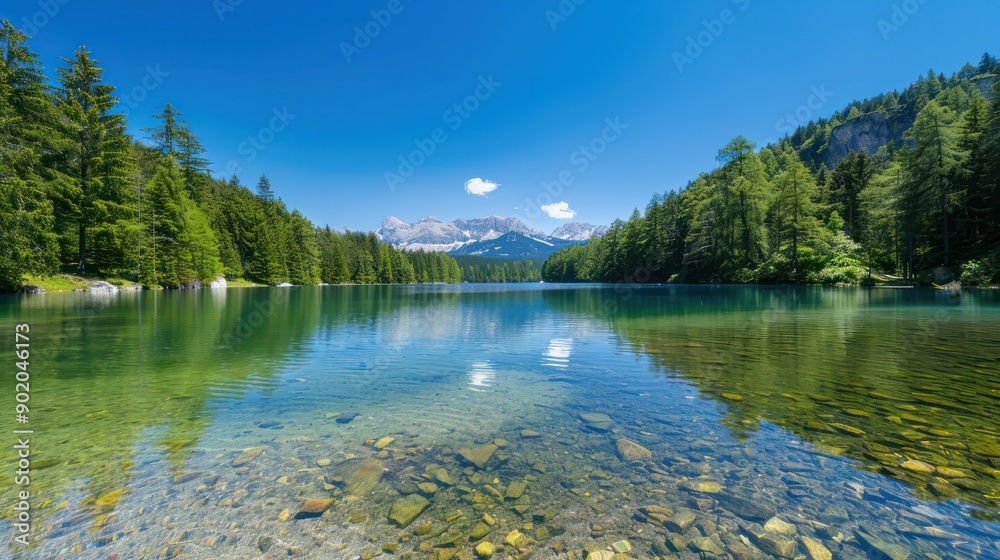 Poster a beautiful lake with mountains in the background. the water is clear and calm. the sky is blue and 