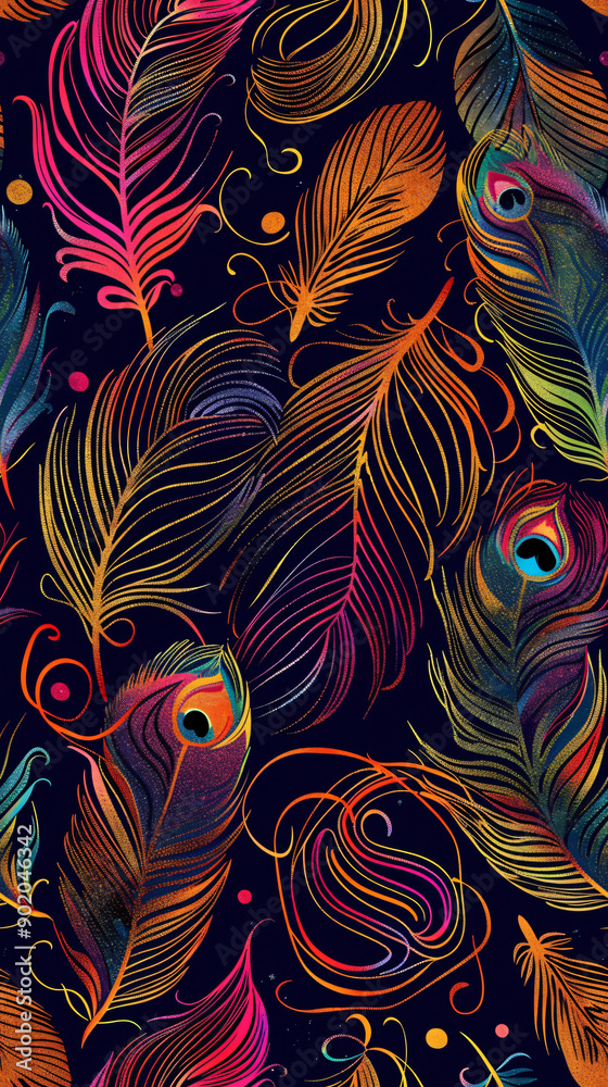 Poster seamless pattern with detailed bright peacock feathers on dark background, drawing with digital tool