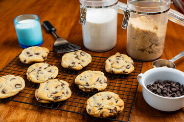 Fresh batch of homemade chocolate chip cookies, selective focus.