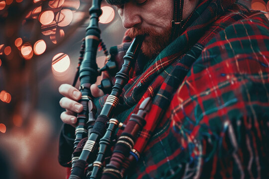 A Scottish bagpiper playing during a Hogmanay celebration