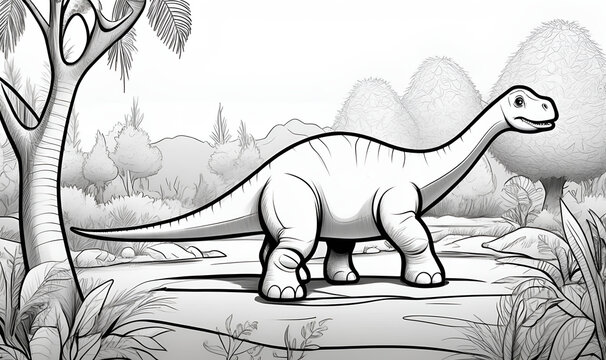 Cute cartoon dinosaur similar to Brachiosaurus with long neck and smiling face. kids coloring book.