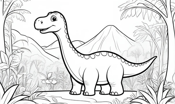 Cute cartoon dinosaur similar to Brachiosaurus with long neck and smiling face. kids coloring book.