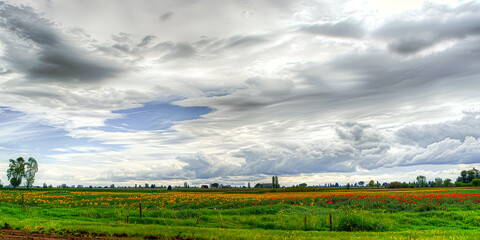 Vibrant Flower Fields under Dramatic Sky