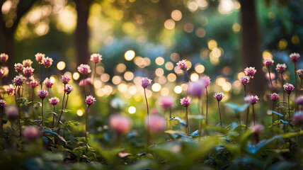 Springtime blurred bokeh on a peaceful garden and flower meadow