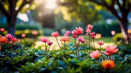 Springtime blurred bokeh on a peaceful garden and flower meadow