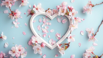 Creative space on heart shaped frame with Japanese cherry blossom Flat lay design