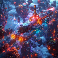 Neon Odyssey: Futuristic Spaceship Landing on Vibrant Asteroid with Holographic Mining Equipment in Background