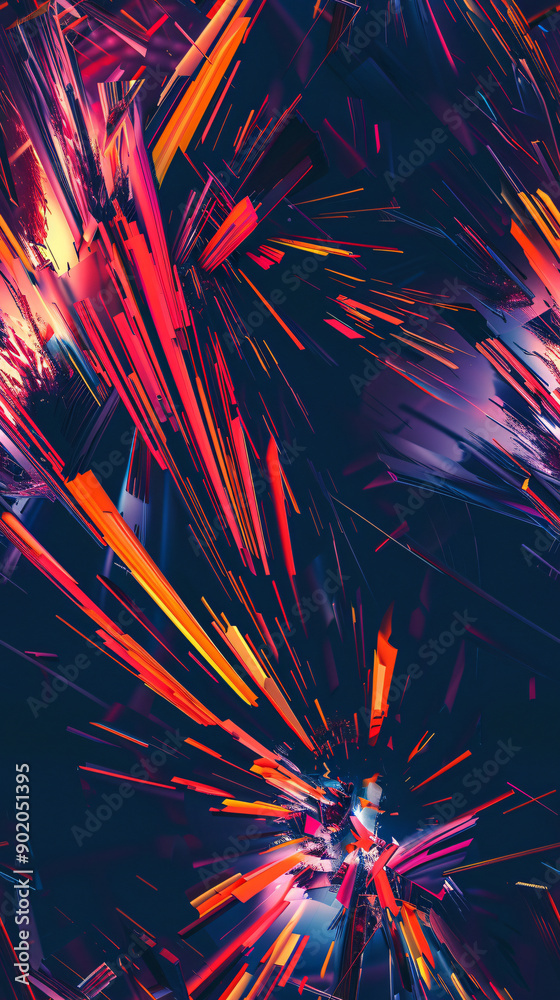 Poster vibrant shapes bursting from the center against a dark abstract backdrop