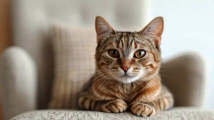 A cute tabby cat resting comfortably on a chair, showcasing its striking fur and expressive eyes in a cozy home setting.