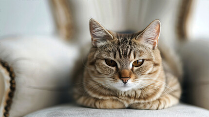 Naklejka premium A close-up of a curious tabby cat lounging on a stylish chair, showcasing its beautiful fur and expressive eyes.