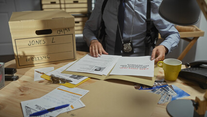 A young man, presumably a detective, works diligently in a police station, sifting through case...