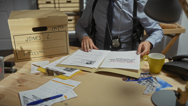 A young man, presumably a detective, works diligently in a police station, sifting through case files and evidence.