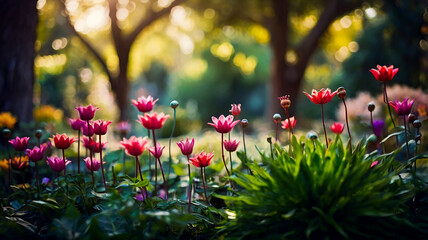 Springtime blurred bokeh on a peaceful garden and flower meadow