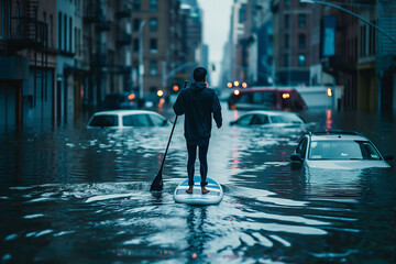 Urban flooding scene with man paddling on a flooded street, climate change impact concept