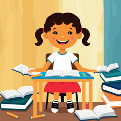 a girl sits at a desk with books and a flower in the background
