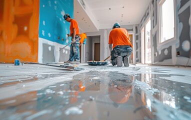 Two handymen are busy applying paint and finishing touches in a renovated room of a contemporary house