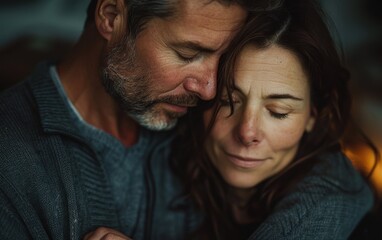 A husband gently embraces his wife as she finds solace in their shared moment of grief and support amid the warm atmosphere
