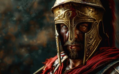A formidable Spartan warrior dons antique armor, showcasing resilience and readiness for battle in a historically inspired environment