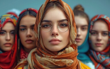 Fototapeta premium A group of diverse women wearing colorful headscarves stand united, showcasing strength and empowerment through their expressions and attire