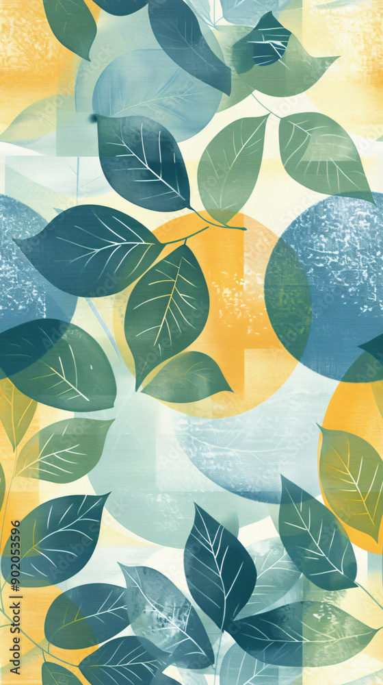 Poster Blue and green leaf seamless pattern with geometric shapes and grunge texture, perfect for creating surface patterns