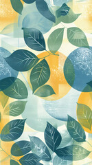 Blue and green leaf seamless pattern with geometric shapes and grunge texture, perfect for creating surface patterns