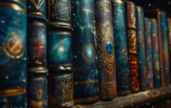 A collection of celestial-themed books with luminous pages emanates a sense of wonder amidst a starry night backdrop