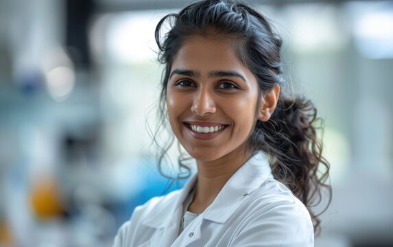 A smiling Indian female biotechnologist stands confidently in a laboratory, showcasing her passion for scientific research and innovation - Powered by Adobe