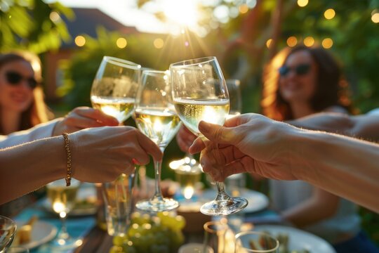 A group of friends toasting with white wine on an outdoor table at a summer party in a close up shot with a relaxed atmosphere and soft natural lighting Generative AI