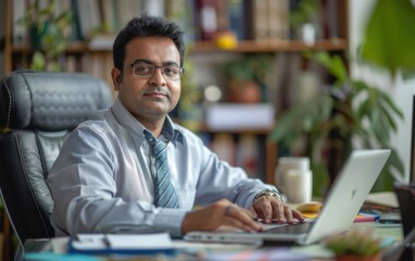 A male chartered accountant focuses on his work at a desk in a well-organized home office surrounded by books and plants