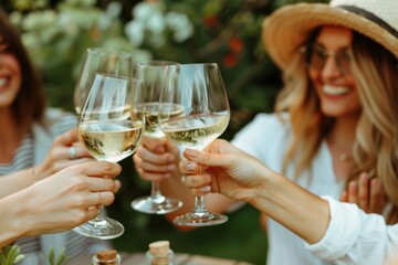 A group of friends toasting with white wine on an outdoor table at the dining area in their garden, laughing and enjoying each other's company during the summer time Generative AI