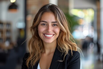 Obraz premium Confident Businesswoman Smiling with Cellphone: A Reflection of Approachability and Professionalism