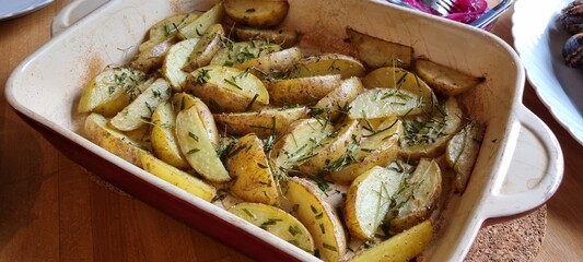 fresh potatoes cooked in long pan