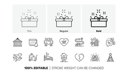 Present box, Carousels and Broken heart line icons. Pack of Christmas tree, Bike path, Discounts chat icon. Notification, Home grill, Sleep pictogram. Shopping bags, Love her, Luggage trolley. Vector
