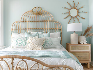Relax in a seaside paradise with a charming rattan headboard and cozy coastal decor elements.