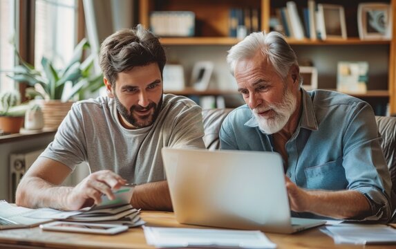A businessman and his father review documents together at a stylish home office, sharing ideas and insights on a laptop during a productive afternoon - Powered by Adobe