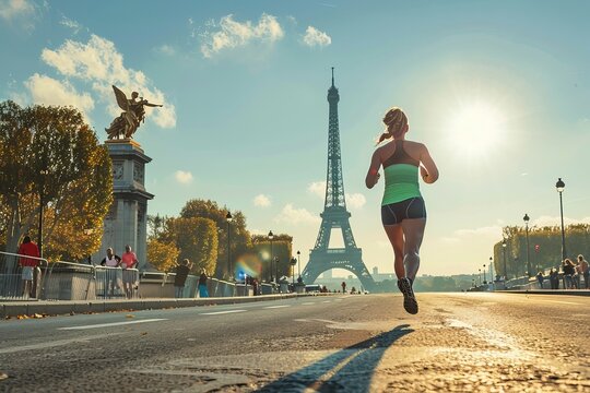 Female athlete running marathon in Paris with Eiffel Tower in background