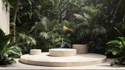 Fototapeta premium Podium background product green nature 3D forest stand white plant. Cosmetic background product podium display wood jungle studio garden beauty platform presentation mockup pedestal stone tropical