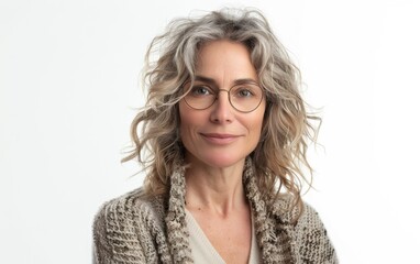 Obraz premium A woman with curly gray hair expresses pleasure while gazing softly at the camera, dressed in a cozy sweater in bright, natural light
