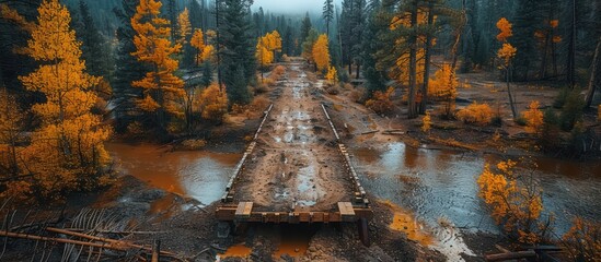 Rustic Bridge Over a Stream in Autumn Forest