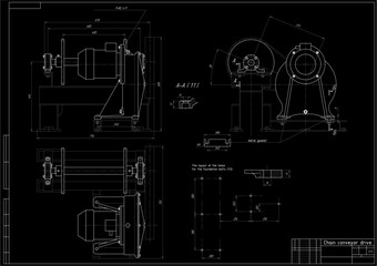 Assembly drawing of reducer. Vector working drawing of steel mechanical device with shaft, gear, 
electric engine, bolted connection and dimension lines. Engineering cad scheme. Technical template.