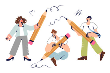 Creative people with big pencils draw abstract lines together, developing love for art